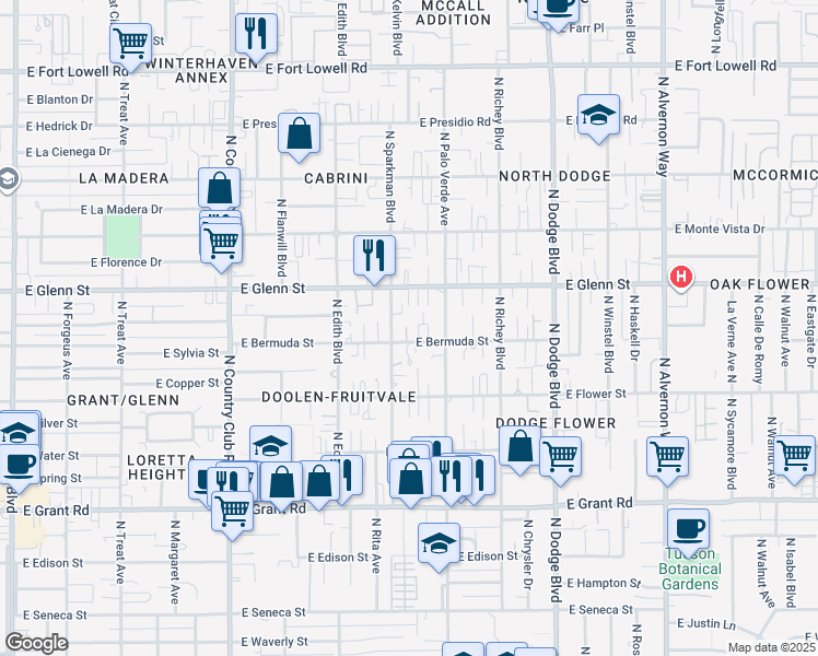 map of restaurants, bars, coffee shops, grocery stores, and more near 2703 North Sparkman Boulevard in Tucson