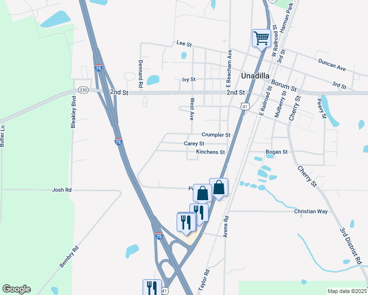 map of restaurants, bars, coffee shops, grocery stores, and more near 457 Kinchens Street in Unadilla