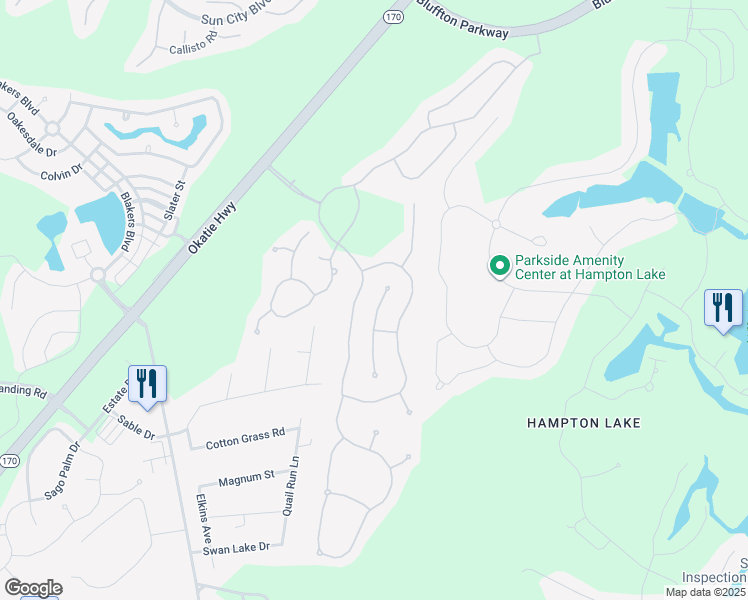 map of restaurants, bars, coffee shops, grocery stores, and more near 119 Grand Court North in Bluffton