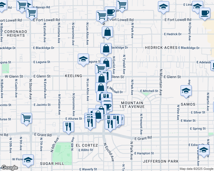 map of restaurants, bars, coffee shops, grocery stores, and more near 2710 North 1st Avenue in Tucson