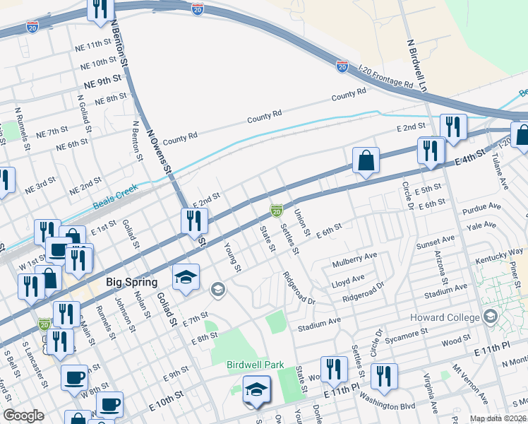 map of restaurants, bars, coffee shops, grocery stores, and more near 1100-1198 East 4th Street in Big Spring