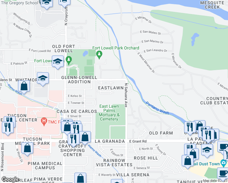 map of restaurants, bars, coffee shops, grocery stores, and more near 2724 North Saramano Lane in Tucson