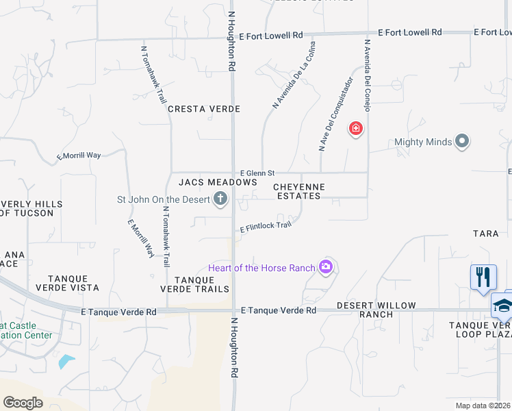 map of restaurants, bars, coffee shops, grocery stores, and more near 10341 East Flintlock Trail in Tucson