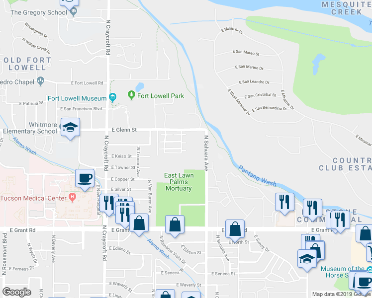 map of restaurants, bars, coffee shops, grocery stores, and more near 2708 North Saramano Lane in Tucson