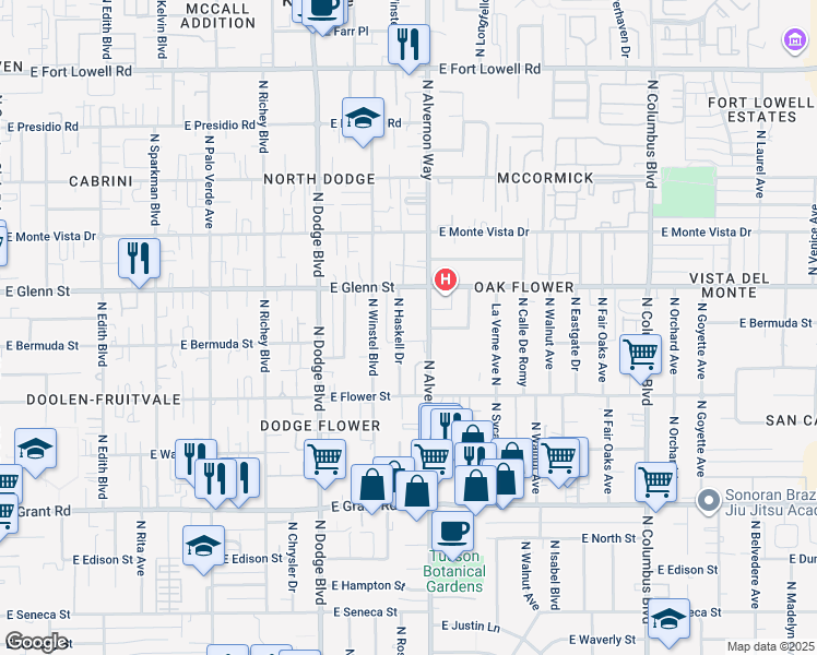 map of restaurants, bars, coffee shops, grocery stores, and more near 2679 North Alvernon Way in Tucson