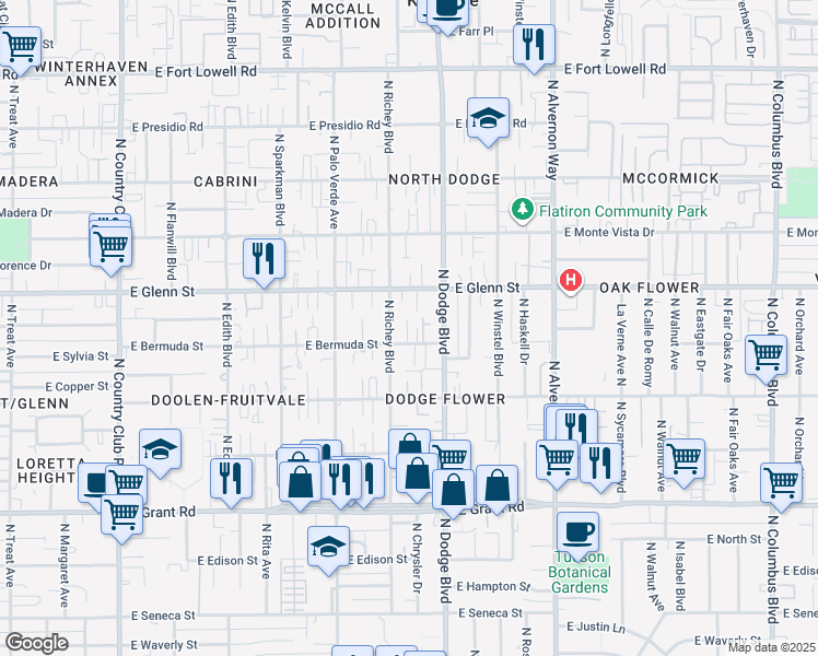map of restaurants, bars, coffee shops, grocery stores, and more near 2702 North Richey Boulevard in Tucson