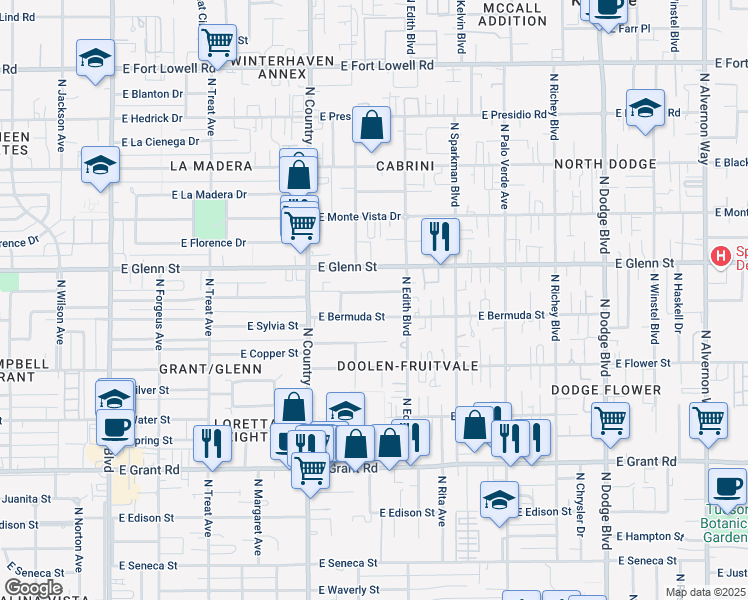 map of restaurants, bars, coffee shops, grocery stores, and more near 3233 East Bermuda Street in Tucson