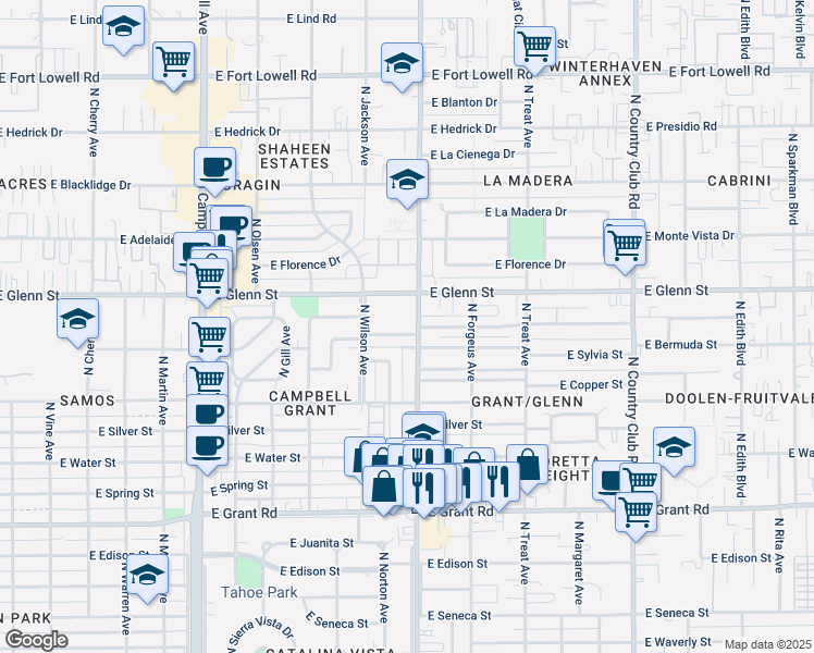 map of restaurants, bars, coffee shops, grocery stores, and more near 2470 East Mitchell Street in Tucson