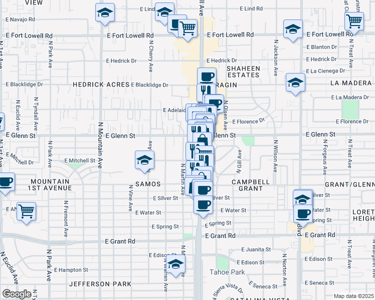 map of restaurants, bars, coffee shops, grocery stores, and more near 2701 1/2 North Campbell Avenue in Tucson