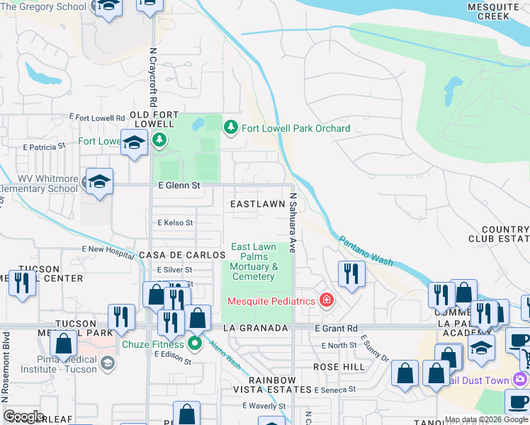 map of restaurants, bars, coffee shops, grocery stores, and more near 2708 North Saramano Lane in Tucson