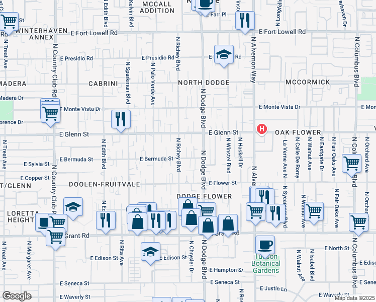 map of restaurants, bars, coffee shops, grocery stores, and more near 2702 North Richey Boulevard in Tucson