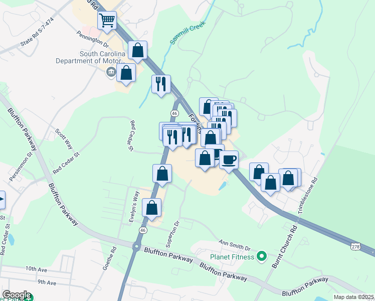 map of restaurants, bars, coffee shops, grocery stores, and more near 1008 Fording Island Road in Bluffton
