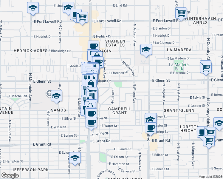 map of restaurants, bars, coffee shops, grocery stores, and more near 2034 East Conner Stravenue in Tucson