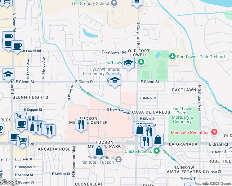 map of restaurants, bars, coffee shops, grocery stores, and more near 5330 East Glenn Street in Tucson