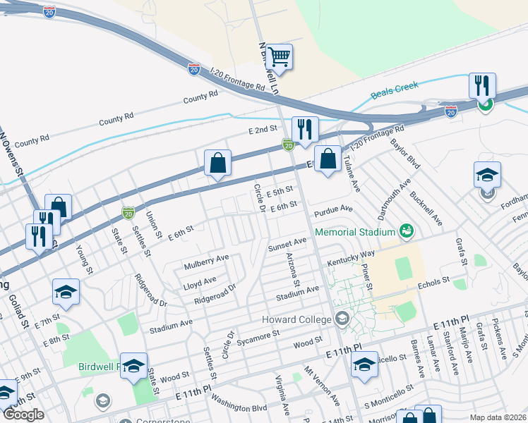 map of restaurants, bars, coffee shops, grocery stores, and more near 201 Circle Drive in Big Spring