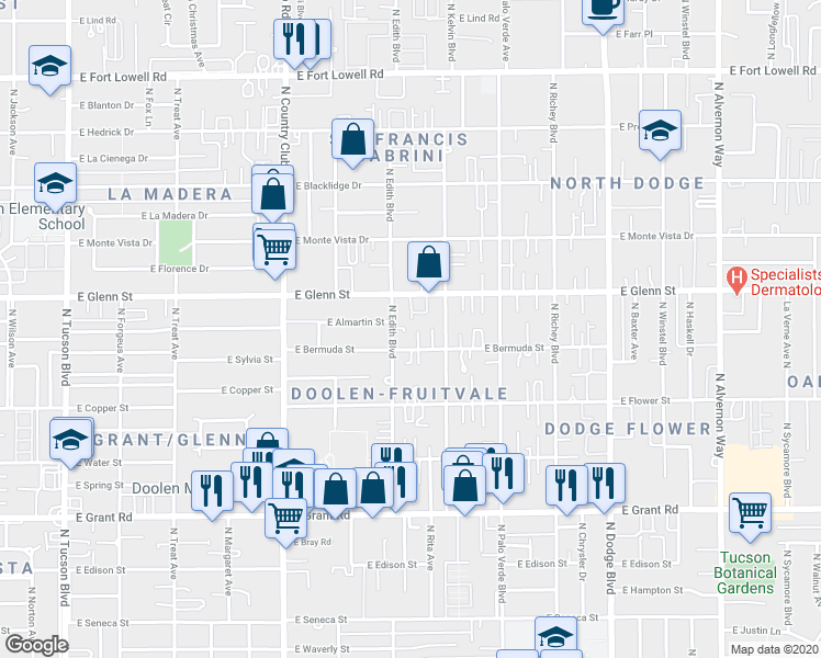 map of restaurants, bars, coffee shops, grocery stores, and more near 2714 North Edith Boulevard in Tucson