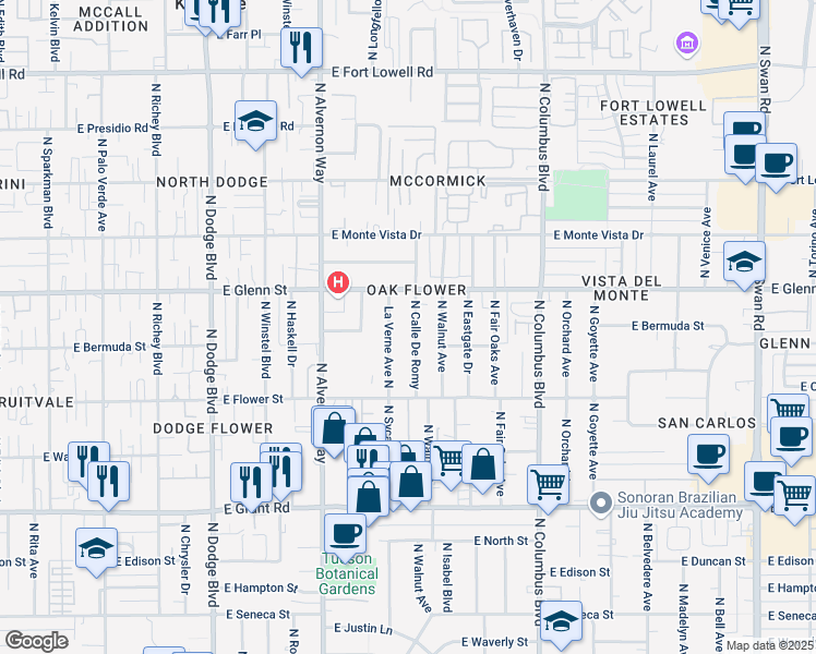 map of restaurants, bars, coffee shops, grocery stores, and more near 2656 La Verne Avenue North in Tucson