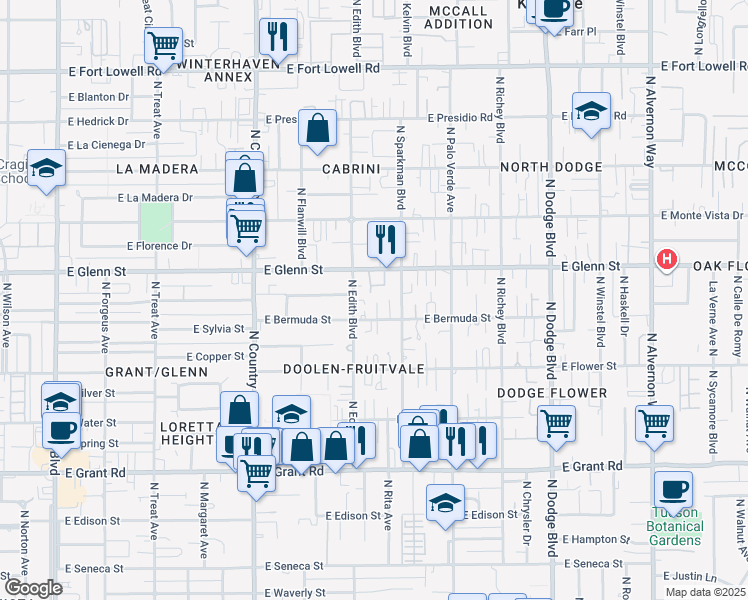 map of restaurants, bars, coffee shops, grocery stores, and more near 3317 East Bermuda Street in Tucson