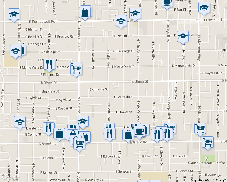 map of restaurants, bars, coffee shops, grocery stores, and more near 3317 East Bermuda Street in Tucson