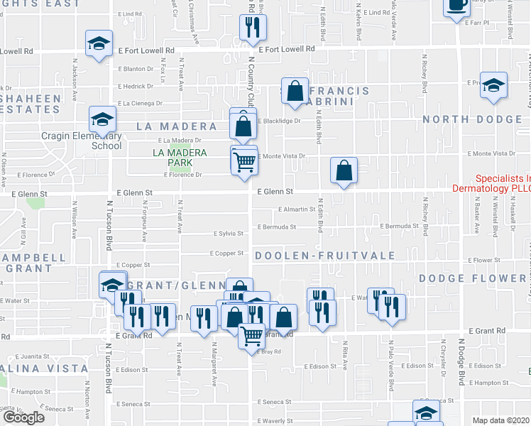 map of restaurants, bars, coffee shops, grocery stores, and more near 2702 North Country Club Road in Tucson