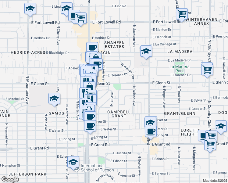map of restaurants, bars, coffee shops, grocery stores, and more near 2131 East Mitchell Street in Tucson