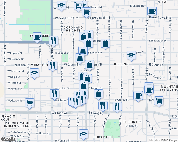 map of restaurants, bars, coffee shops, grocery stores, and more near in Tucson