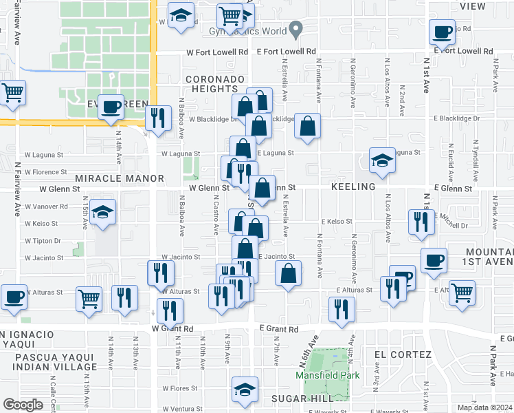 map of restaurants, bars, coffee shops, grocery stores, and more near in Tucson