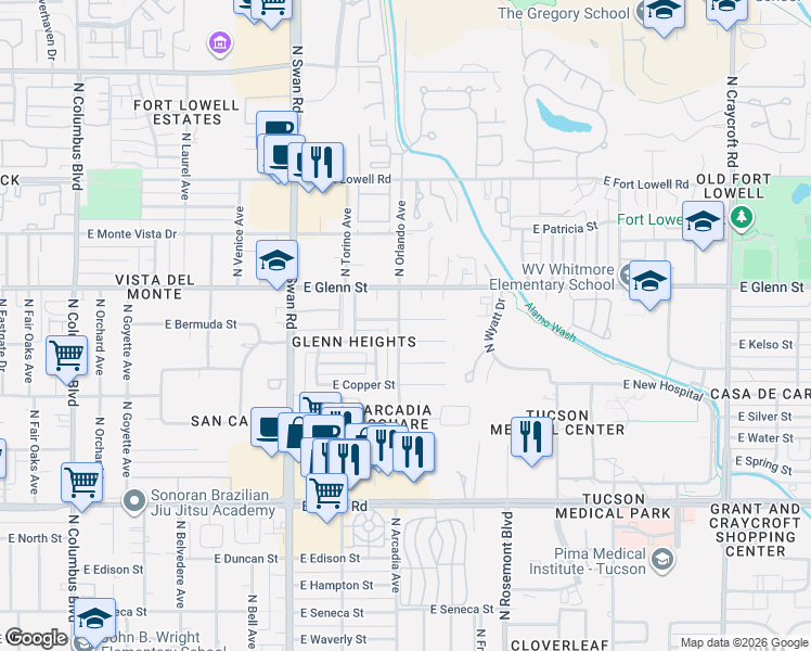 map of restaurants, bars, coffee shops, grocery stores, and more near 4918 East Bermuda Street in Tucson