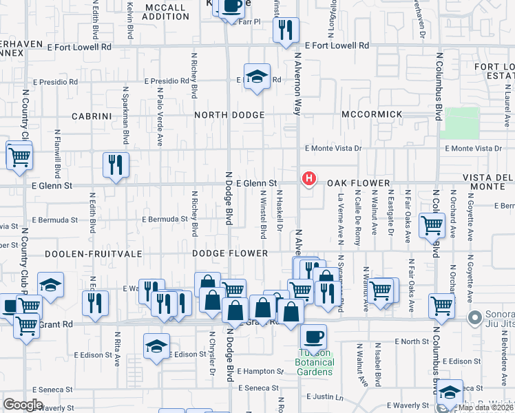 map of restaurants, bars, coffee shops, grocery stores, and more near 2718 North Baxter Avenue in Tucson
