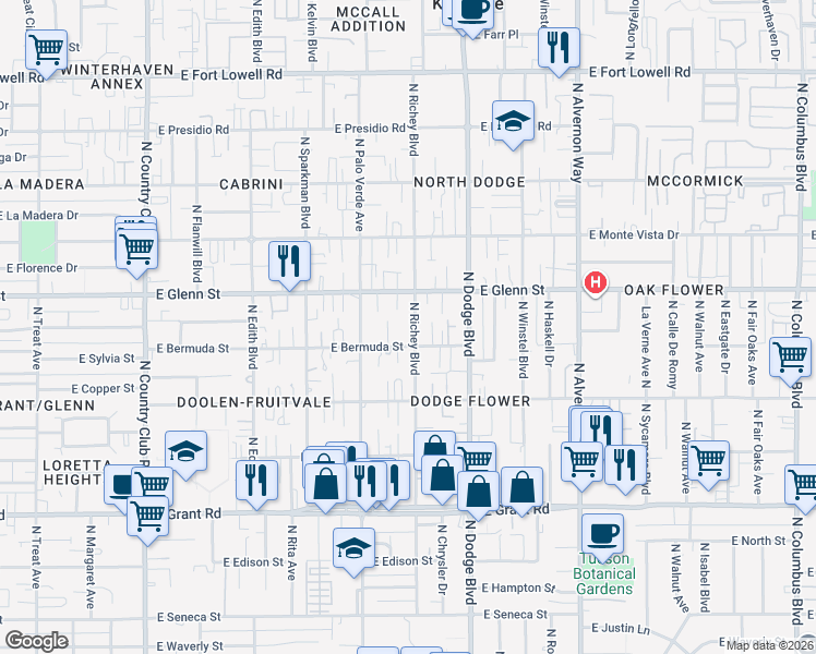 map of restaurants, bars, coffee shops, grocery stores, and more near 2702 North Richey Boulevard in Tucson