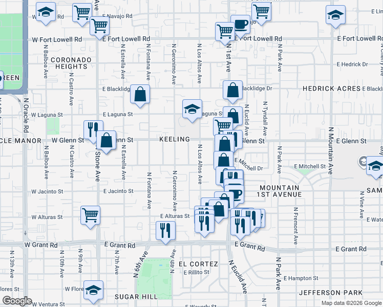 map of restaurants, bars, coffee shops, grocery stores, and more near 2720 North Hopi Place in Tucson