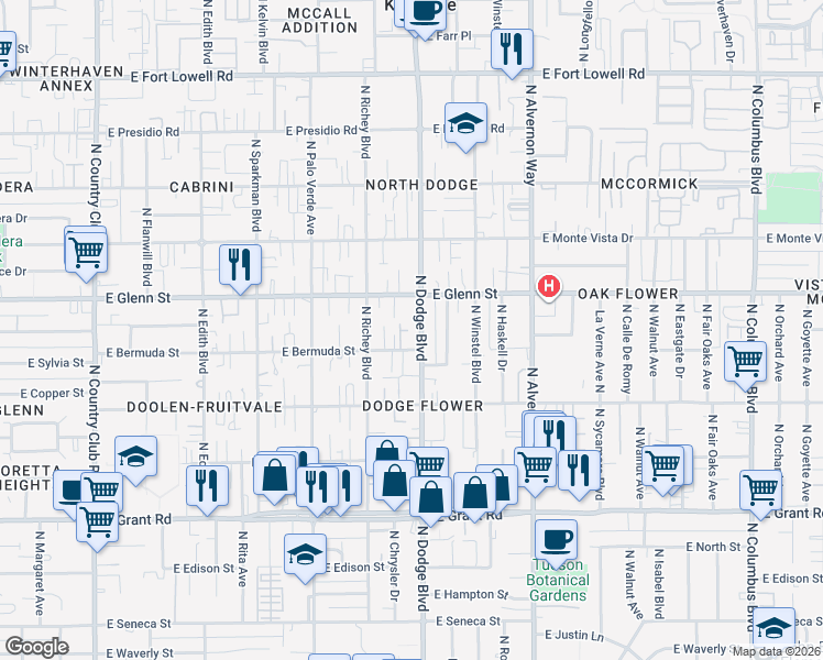 map of restaurants, bars, coffee shops, grocery stores, and more near 3656 East Bermuda Street in Tucson