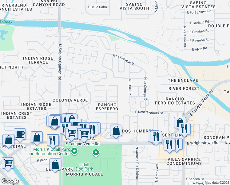 map of restaurants, bars, coffee shops, grocery stores, and more near 7452 East Placita Luz de La Luna in Tucson
