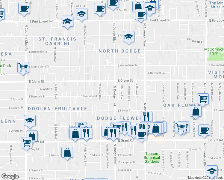 map of restaurants, bars, coffee shops, grocery stores, and more near 3656 East Bermuda Street in Tucson