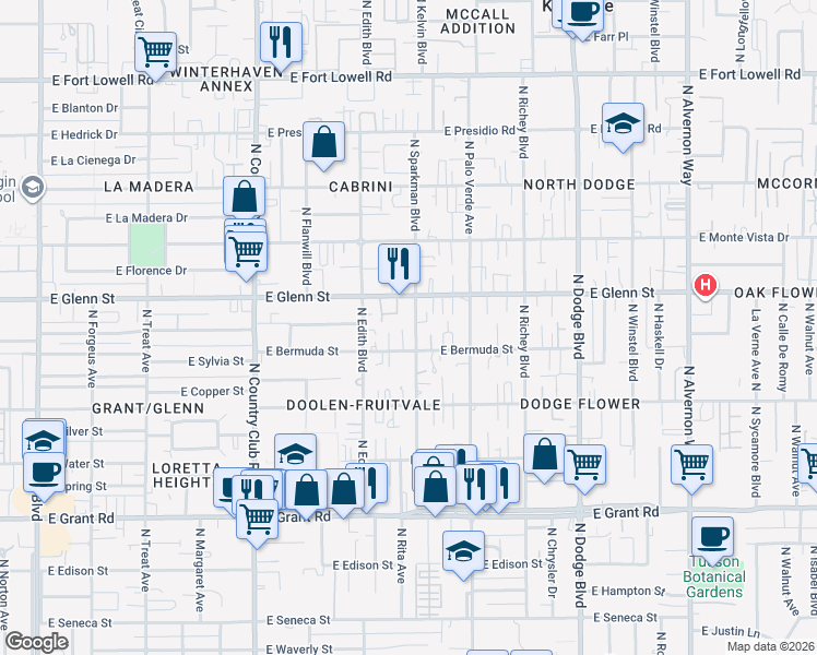 map of restaurants, bars, coffee shops, grocery stores, and more near 2703 North Sparkman Boulevard in Tucson