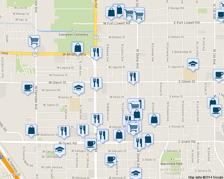 map of restaurants, bars, coffee shops, grocery stores, and more near 256 West Kelso Street in Tucson