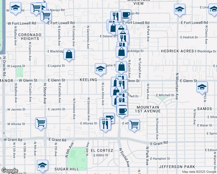 map of restaurants, bars, coffee shops, grocery stores, and more near 2737 North York Place in Tucson