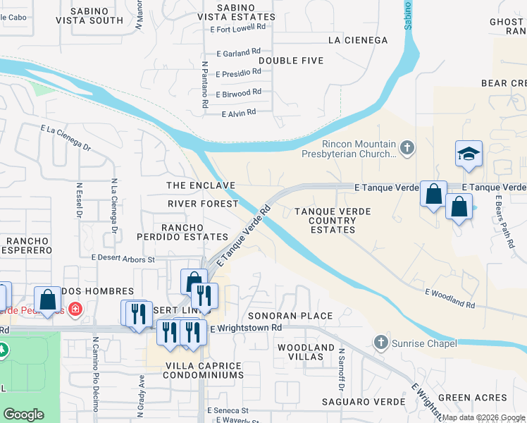 map of restaurants, bars, coffee shops, grocery stores, and more near 8220 East Tanque Verde Road in Tucson