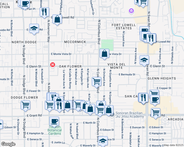 map of restaurants, bars, coffee shops, grocery stores, and more near in Tucson