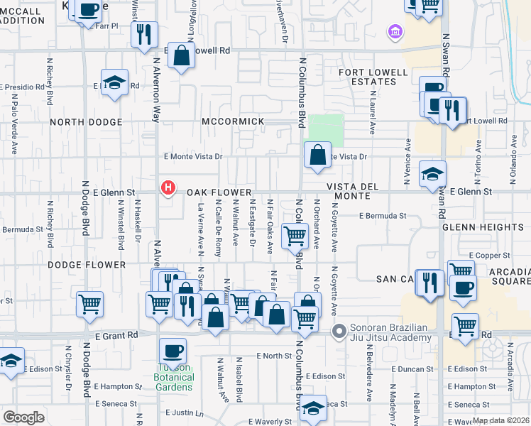 map of restaurants, bars, coffee shops, grocery stores, and more near 2725 North Fair Oaks Avenue in Tucson