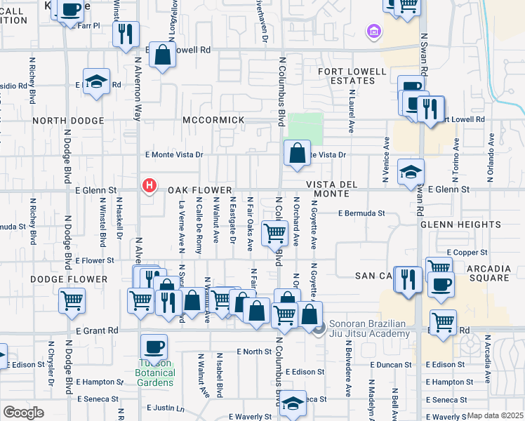 map of restaurants, bars, coffee shops, grocery stores, and more near in Tucson