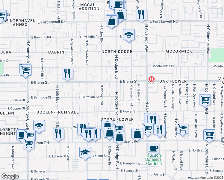 map of restaurants, bars, coffee shops, grocery stores, and more near 2761 North Dodge Boulevard in Tucson
