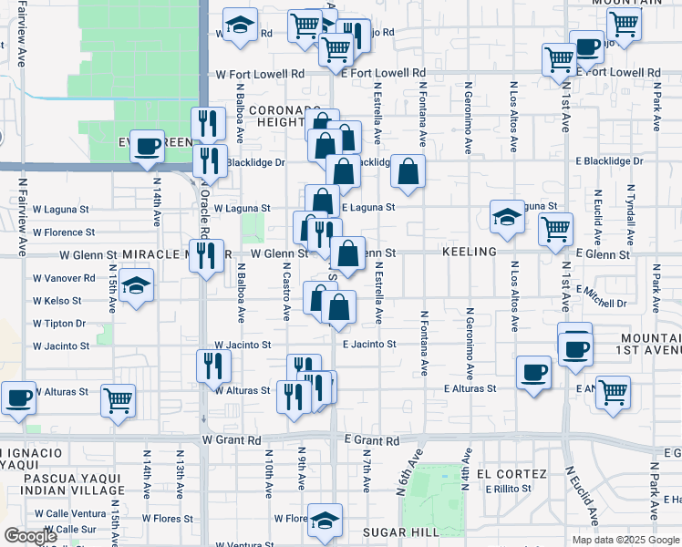 map of restaurants, bars, coffee shops, grocery stores, and more near in Tucson