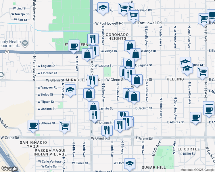 map of restaurants, bars, coffee shops, grocery stores, and more near 250 West Glenn Street in Tucson