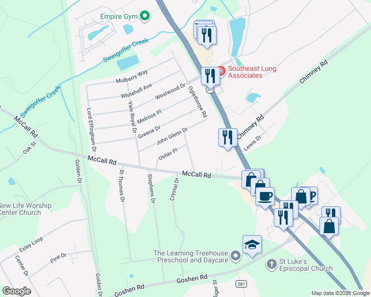 map of restaurants, bars, coffee shops, grocery stores, and more near 100 Usher Place in Rincon