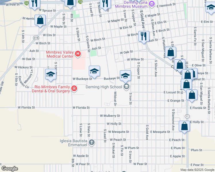map of restaurants, bars, coffee shops, grocery stores, and more near 1100 South Nickel Street in Deming