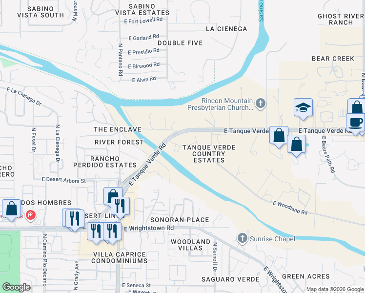 map of restaurants, bars, coffee shops, grocery stores, and more near 8220-8254 East Tanque Verde Road in Tucson