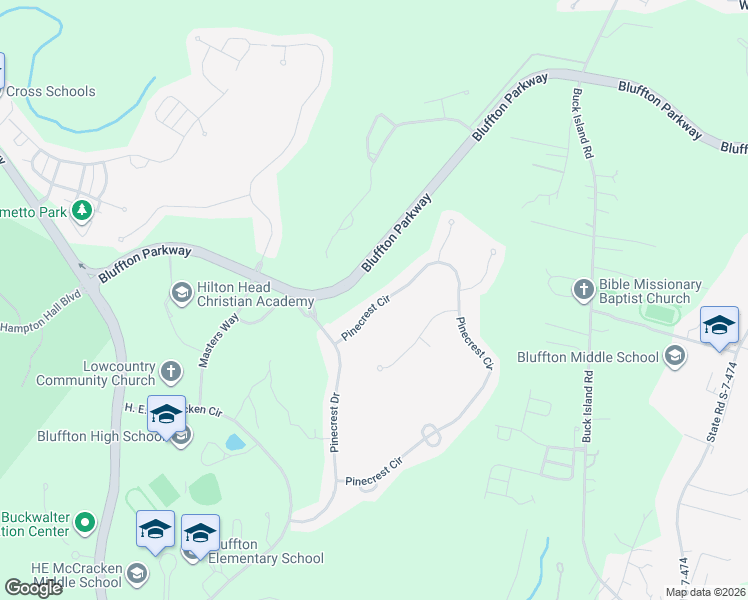 map of restaurants, bars, coffee shops, grocery stores, and more near 121 Pinecrest Circle in Bluffton