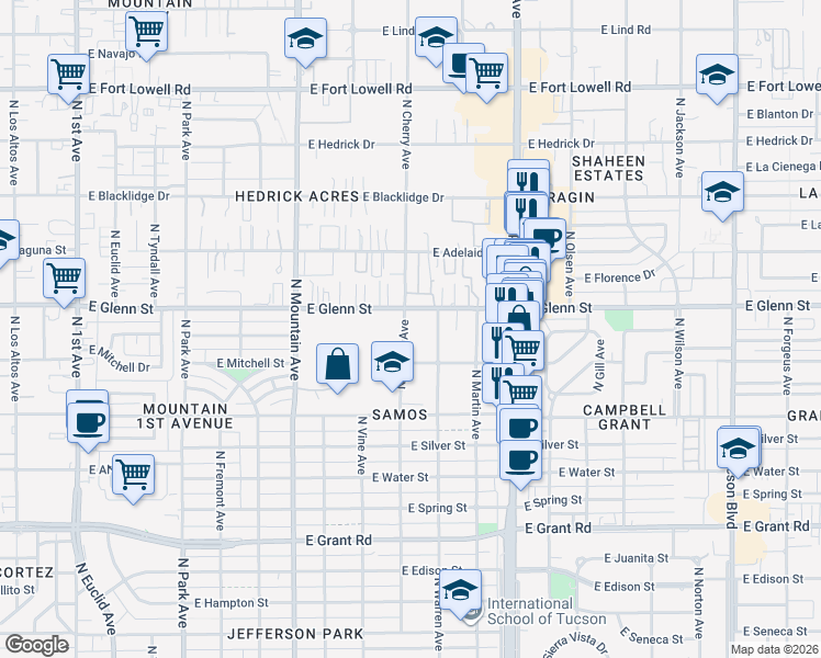 map of restaurants, bars, coffee shops, grocery stores, and more near 1618 East Glenn Street in Tucson