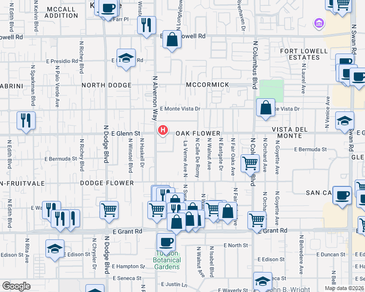 map of restaurants, bars, coffee shops, grocery stores, and more near 2762 La Verne Avenue North in Tucson